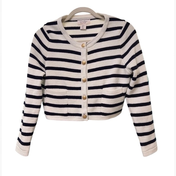 White navy stripe gold button cardigan - Picture 1 of 7